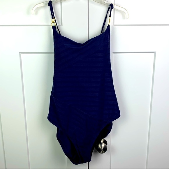 NWT LA BLANCA Size 14 Swimsuit Linea Costa Cross-Back One piece Navy Gold - Picture 1 of 7